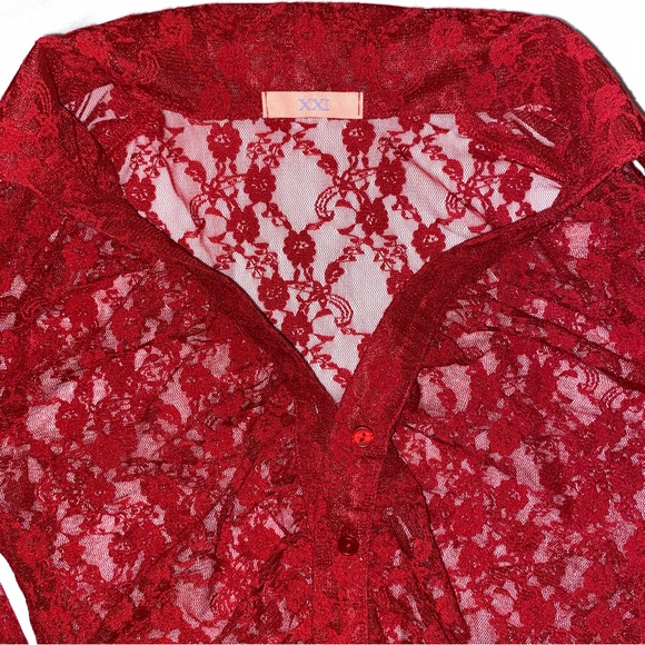 Red Lace Button Up Shirt - Picture 3 of 3